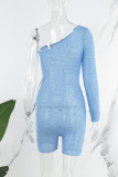 Blue Sexy Street Solid Patchwork Backless Without Belt One Shoulder Skinny Rompers