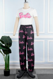 Pink Casual Print Letter O Neck Short Sleeve Two Pieces