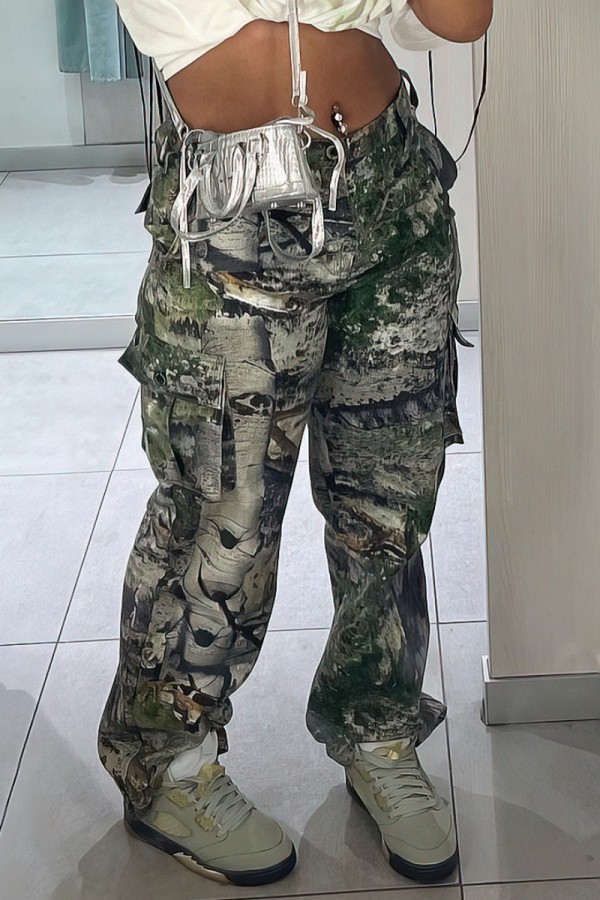 Army Green Casual Print Patchwork Regular High Waist Conventional Full Print Trousers