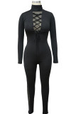 Red Sexy Street Solid Hollowed Out Patchwork Frenulum Buttons Turtleneck Skinny Jumpsuits