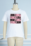 White Casual Daily Print Patchwork O Neck T-Shirts