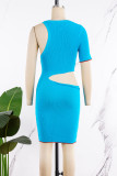 Blue Sexy Solid Hollowed Out Patchwork O Neck One Step Skirt Dresses