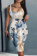 White Blue Casual Print Basic U Neck Vest Dress Dresses
