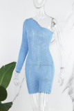 Blue Sexy Street Solid Patchwork Backless Without Belt One Shoulder Skinny Rompers