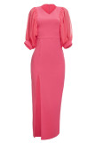 Pink Casual Solid Patchwork Slit V Neck Long Dress Dresses (Without Belt)