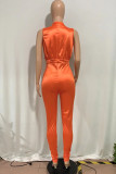 Blue Casual Solid Hollowed Out Patchwork V Neck Skinny Jumpsuits