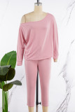 Pink Casual Solid Patchwork Draw String Oblique Collar Long Sleeve Two Pieces