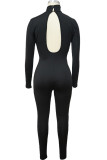 Red Sexy Street Solid Hollowed Out Patchwork Frenulum Buttons Turtleneck Skinny Jumpsuits