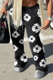 Black Casual Print Basic Regular Mid Waist Conventional Full Print Trousers