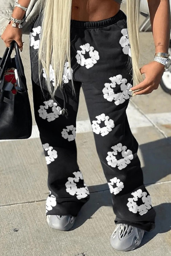 Black Casual Print Basic Regular Mid Waist Conventional Full Print Trousers