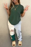 Ink Green Casual Print Patchwork O Neck Short Sleeve Two Pieces