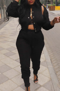 Black Sweet Street Solid Hollowed Out Patchwork Draw String Buckle Mandarin Collar Long Sleeve Two Pieces