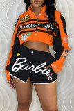 Orange Street Letter Print Patchwork Pocket Buckle Buttons Printing Mandarin Collar Long Sleeve Two Pieces(Detachable)
