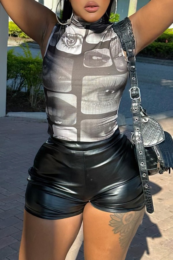 Black Casual Print Basic Turtleneck Sleeveless Two Pieces