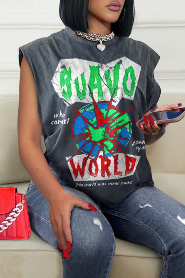 Grey Casual Print Basic O Neck T-Shirts