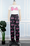 Pink Casual Print Letter O Neck Short Sleeve Two Pieces