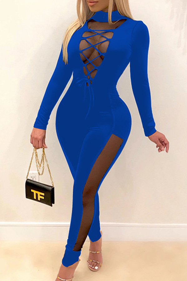 Blue Sexy Street Solid Hollowed Out Patchwork Frenulum Buttons Turtleneck Skinny Jumpsuits