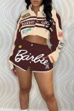 Red Street Letter Print Patchwork Pocket Buckle Buttons Printing Mandarin Collar Long Sleeve Two Pieces(Detachable)