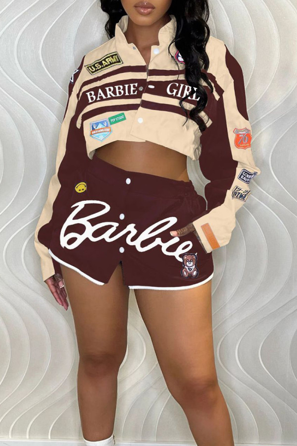 Brown Street Letter Print Patchwork Pocket Buckle Buttons Printing Mandarin Collar Long Sleeve Two Pieces(Detachable)