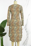 Leopard Print Elegant Letter Leopard Camouflage Print Patchwork Printing O Neck Irregular Dress Dresses