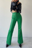 Green Casual Solid Frenulum Skinny High Waist Conventional Solid Color Trousers