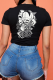 Black Vintage Print Patchwork O Neck T-Shirts