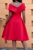 Rose Red Casual Solid Patchwork With Belt Off the Shoulder Short Sleeve Dress Dresses