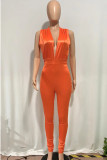 Blue Casual Solid Hollowed Out Patchwork V Neck Skinny Jumpsuits