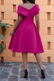 Rose Red Casual Solid Patchwork With Belt Off the Shoulder Short Sleeve Dress Dresses