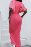 Pink Casual Solid Patchwork Slit V Neck Long Dress Dresses (Without Belt)