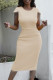 Apricot Casual Solid Tassel Patchwork Slit O Neck Short Sleeve Dress
