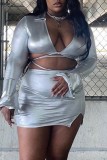 Silver Sexy Solid Bandage Turndown Collar Long Sleeve Two Pieces