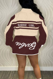 Red Street Letter Print Patchwork Pocket Buckle Buttons Printing Mandarin Collar Long Sleeve Two Pieces(Detachable)