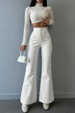 Black Casual Solid Frenulum Skinny High Waist Conventional Solid Color Trousers