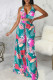 Malachite Green Sexy Print Patchwork Draw String Halter Sleeveless Two Pieces