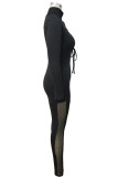 Red Sexy Street Solid Hollowed Out Patchwork Frenulum Buttons Turtleneck Skinny Jumpsuits