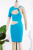 Blue Sexy Solid Hollowed Out Patchwork O Neck One Step Skirt Dresses