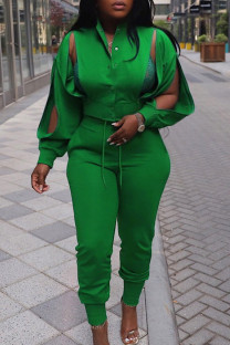 Green Sweet Street Solid Hollowed Out Patchwork Draw String Buckle Mandarin Collar Long Sleeve Two Pieces