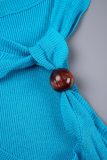Blue Sexy Solid Hollowed Out Patchwork O Neck One Step Skirt Dresses