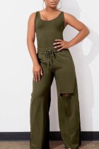 Army Green Casual Solid Ripped O Neck Sleeveless Two Pieces