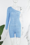 Blue Sexy Street Solid Patchwork Backless Without Belt One Shoulder Skinny Rompers