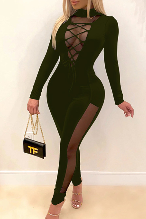 Green Sexy Street Solid Hollowed Out Patchwork Frenulum Buttons Turtleneck Skinny Jumpsuits