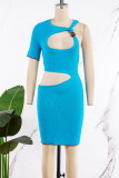 Blue Sexy Solid Hollowed Out Patchwork O Neck One Step Skirt Dresses