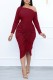 Burgundy Casual Solid Draw String Frenulum Backless Oblique Collar Long Sleeve Dresses