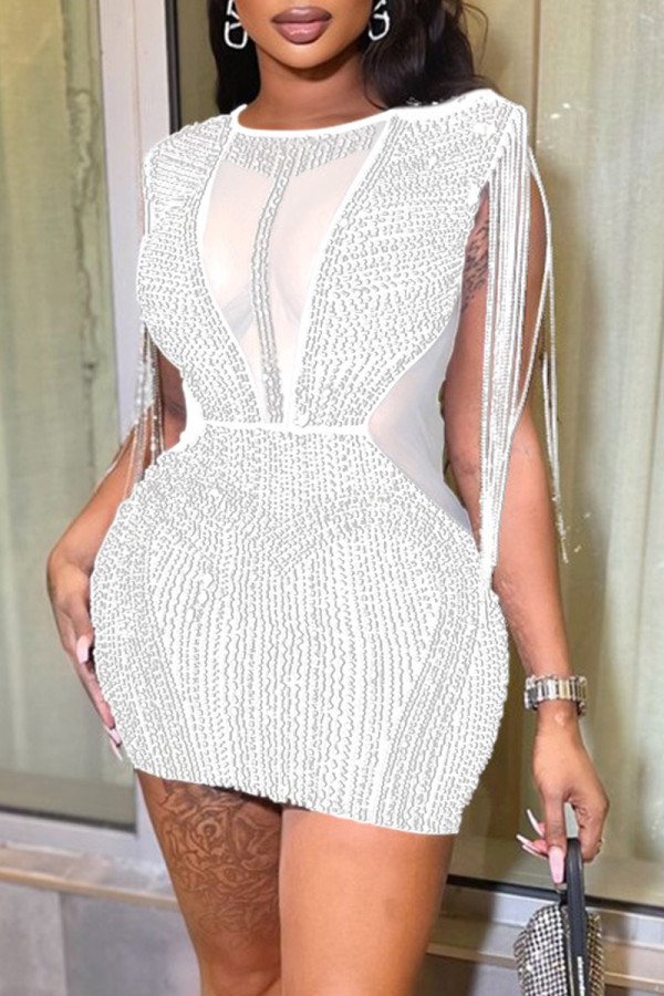 White Sexy Patchwork Hot Drilling Tassel See-through O Neck Sleeveless Dress (Subject To The Actual Object)