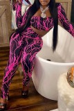 Purple Sexy Casual Print Frenulum Halter Long Sleeve Three Piece Set