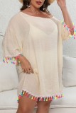 White Casual Solid Tassel Patchwork O Neck Beach Dress Plus Size Dresses