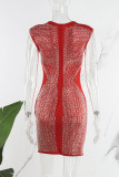 Red Sexy Patchwork Hot Drilling Tassel See-through O Neck Sleeveless Dress (Subject To The Actual Object)