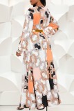 Multicolor Casual Print Patchwork With Belt V Neck Long Sleeve Dresses