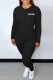 Black Casual Letter Print Basic O Neck Long Sleeve Two Pieces